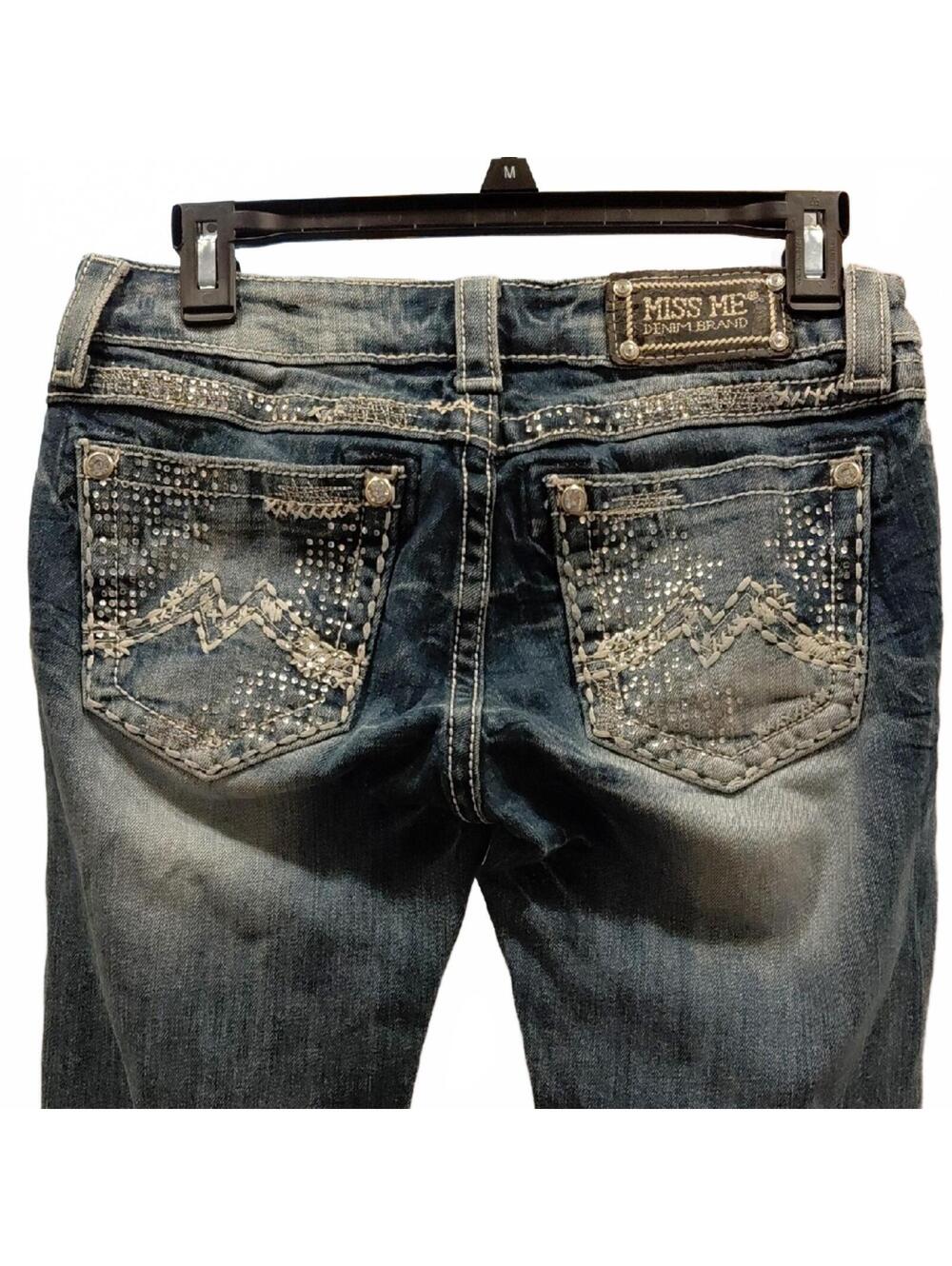 "Miss Me" Sz.28 Distressed Blue Cuffed Sknny Jeans with Rhinestone Pocket Detail